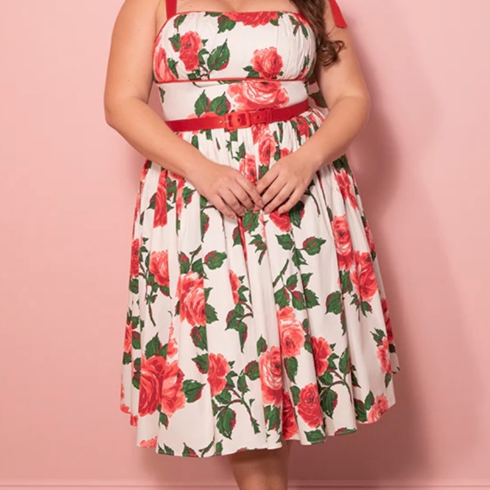 VIXEN BY MICHELINE PITT 1950S SWING SUNDRESS SCARF RED VINTAGE ROSES  Size 3X
